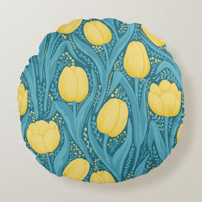 Tulips in blue and yellow round pillow (Front)