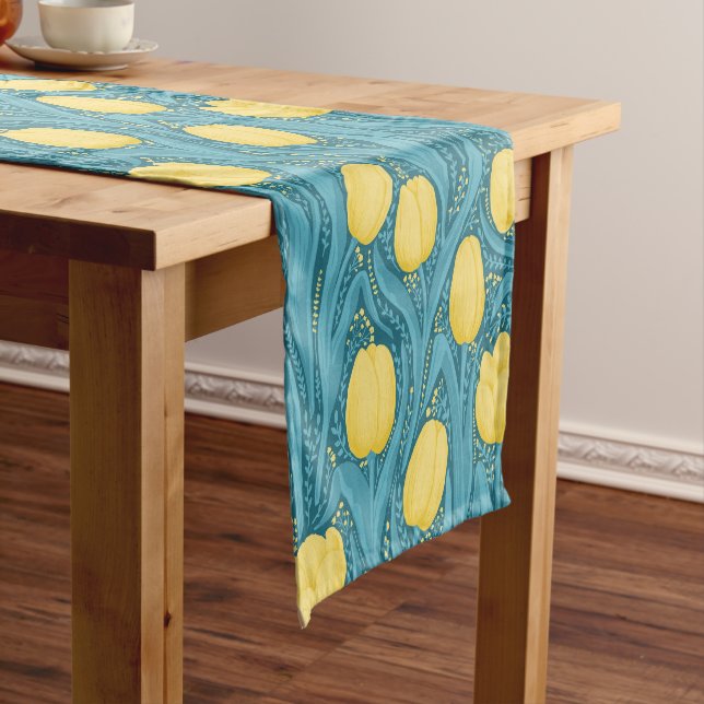 Tulips in blue and yellow short table runner (In Situ)