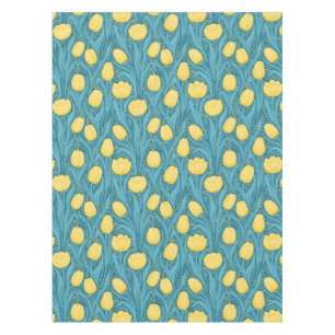 Tulips in blue and yellow tablecloth