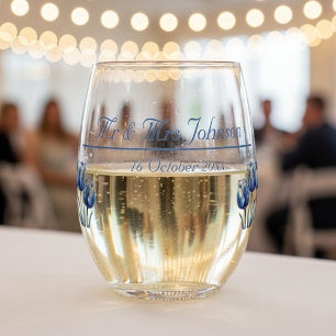 Tulips in Delft Blue, custom Stemless Wine Glass