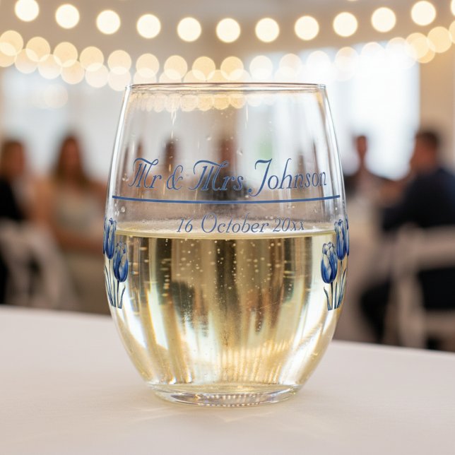 Tulips in Delft Blue, custom Stemless Wine Glass (Creator Uploaded)