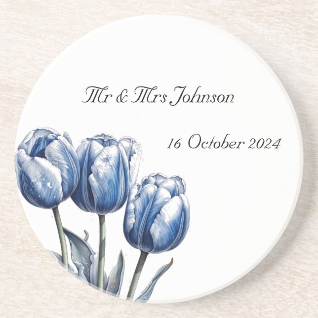 Tulips in Delft Blue customizable Coaster (Front)