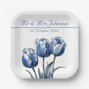 Tulips in Delft Blue customizable Paper Plate