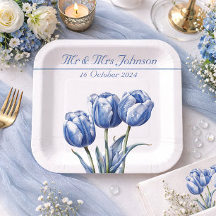 Tulips in Delft Blue customizable Paper Plate