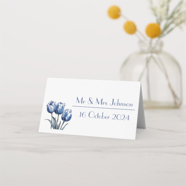 Tulips in Delft Blue customizable Place Card (Front)