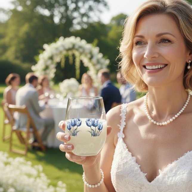 Tulips in Delft Blue customizable Stemless Wine Glass (Creator Uploaded)