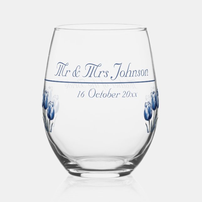 Tulips in Delft Blue customizable Stemless Wine Glass (Back)
