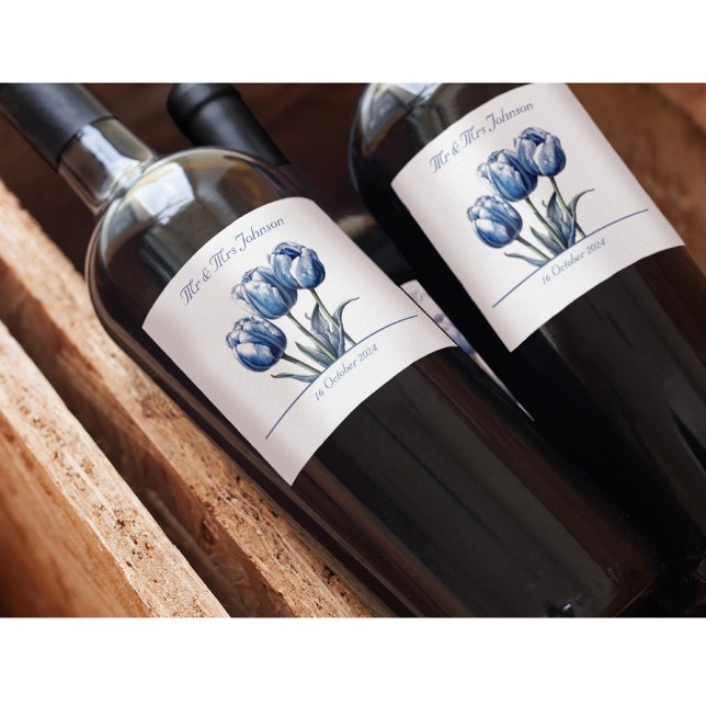 Tulips in Delft Blue customizable Wine Label (Creator Uploaded)
