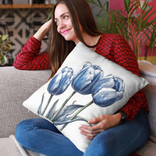 Tulips in Delft Blue Throw Pillow