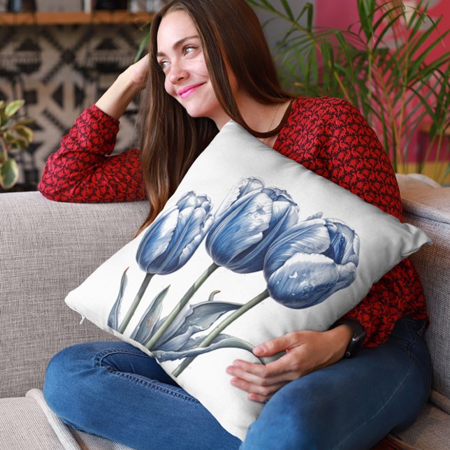 Tulips in Delft Blue  Throw Pillow (Creator Uploaded)