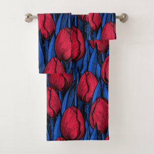 Tulips in red and blue bath towel set