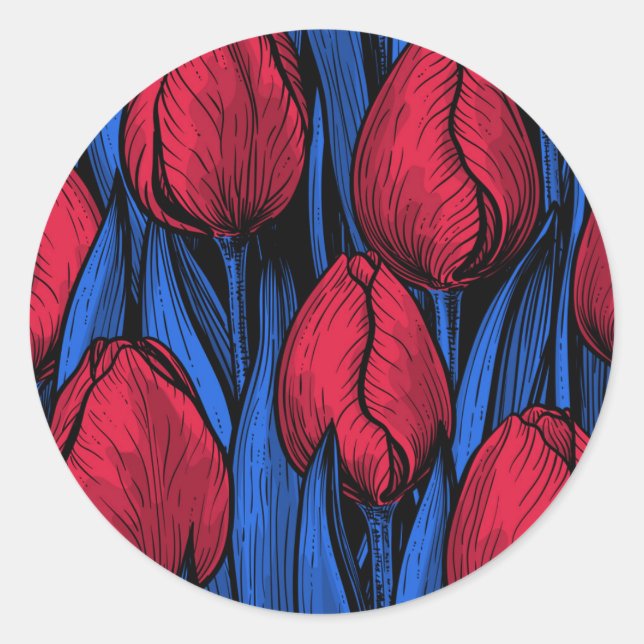 Tulips in red and blue classic round sticker (Front)