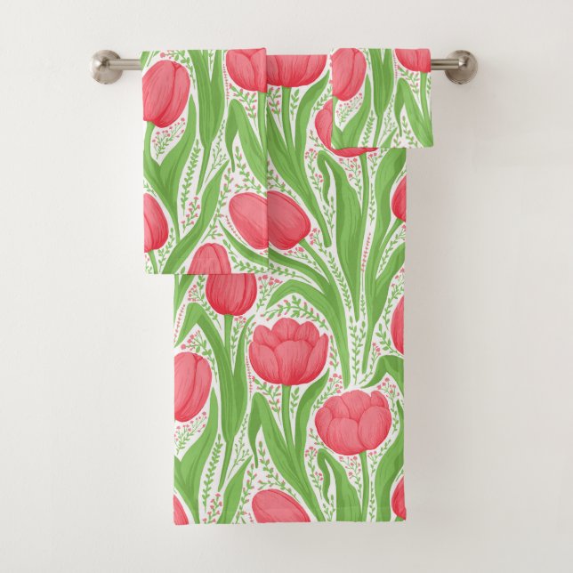Tulips in red and green bath towel set (Insitu)