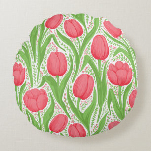 Tulips in red and green round pillow