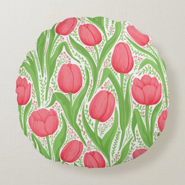 Tulips in red and green round pillow (Front)