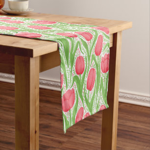 Tulips in red and green short table runner