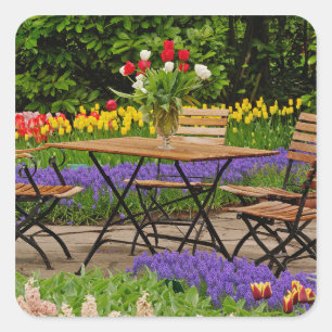 Tulips of table in garden, Keukenhof Gardens, Square Sticker