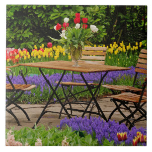 Tulips of table in garden, Keukenhof Gardens, Tile