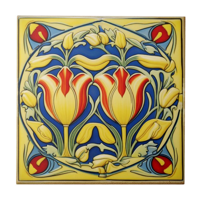  tulips on  Symmetric Art Nouveau Ceramic Tile (Front)