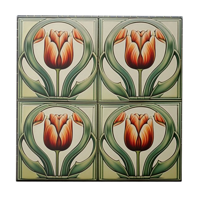  tulips on  Symmetric Art Nouveau Ceramic Tile (Front)