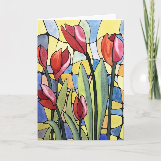 Tulips stained glass - Blank inside greeting card (Front)