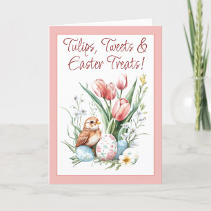 Tulips, Tweets & Easter Treats Pink Folded Holiday Card