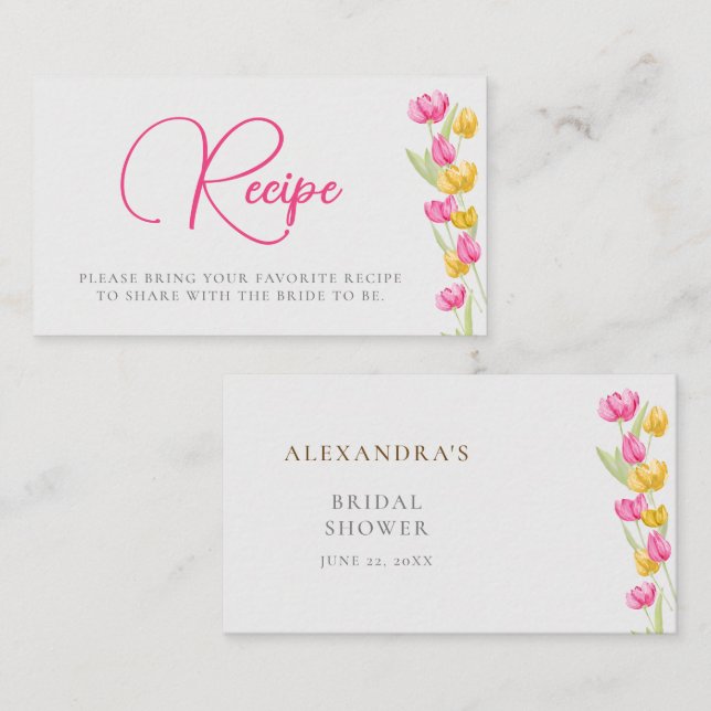 Tulips Watercolor Pink Spring Bridal Shower Recipe Enclosure Card (Front/Back)