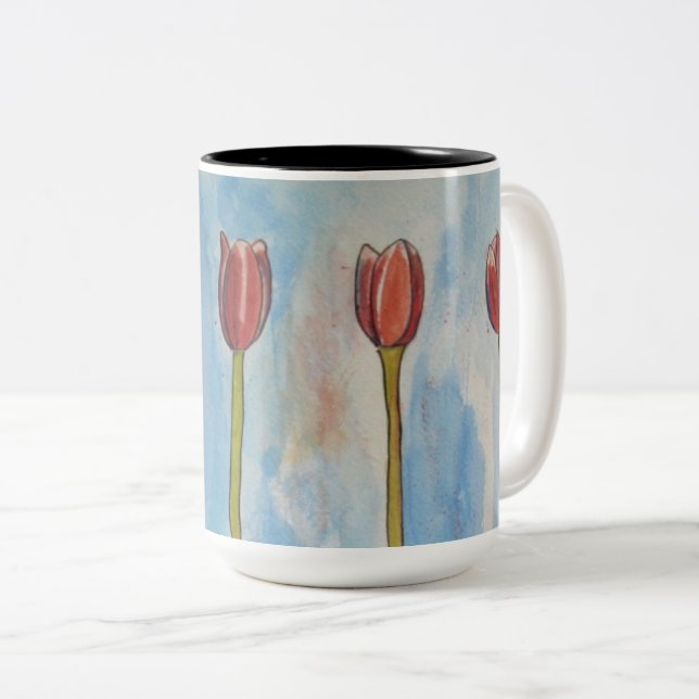 Tulips Watercolor Two-Tone Coffee Mug (Front Right)