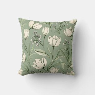 Tulips With Leaves On Light Sage Green Throw Pillow