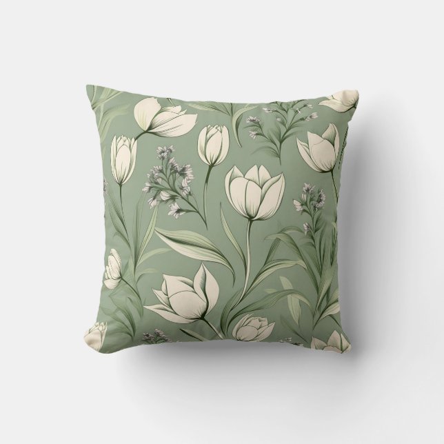 Tulips With Leaves On Light Sage Green Throw Pillow (Front)