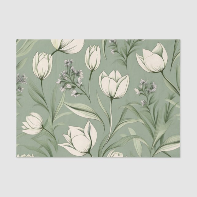 Tulips With Leaves On Light Sage Green Tissue Paper (Front)