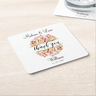 Tulips Wreath Thank You Pencil Art Calligraphy Square Paper Coaster