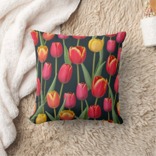 Tulips Yellow Pink Red Green Black Floral Throw Pillow