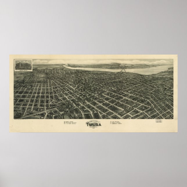 Tulsa Oklahoma 1918 Antique Panoramic Map Poster (Front)