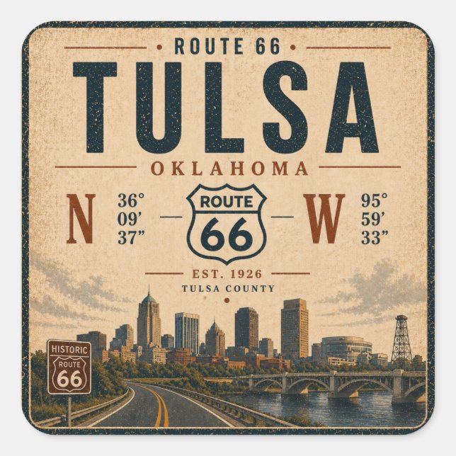 Tulsa Route 66 Skyline Coordinates Decal Square Sticker (Front)