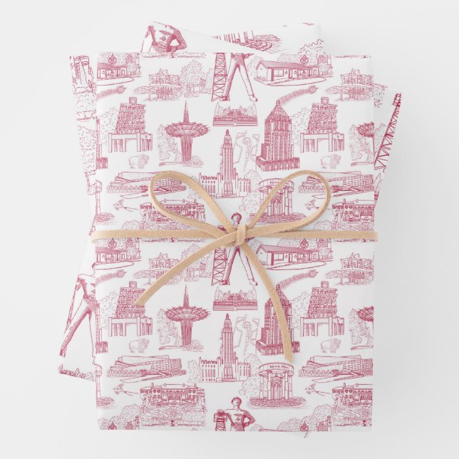 Tulsa Toile Red Wrapping Paper Flat Sheet Set of 3 (In situ)