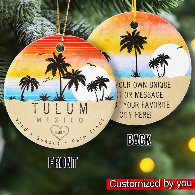 Tulum Mexico Retro Sunset Palm tree Souvenir 60s Ceramic Ornament (Creator Uploaded)