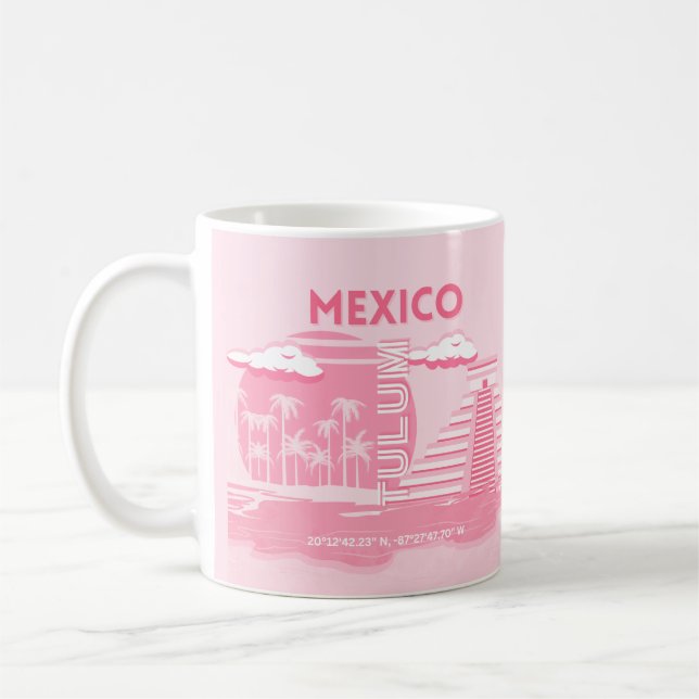 Tulum, Mexico, Travel Art, Pink Art Coffee Mug (Left)