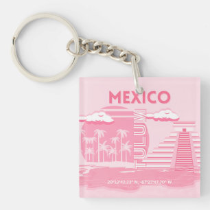 Tulum, Mexico, Travel Art, Pink Art Keychain