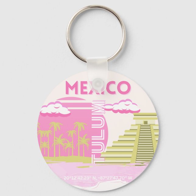 Tulum, Mexico, Travel Art, Pink Keychain (Front)