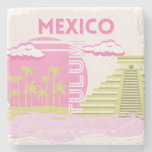 Tulum, Mexico, Travel Art, Pink Stone Coaster