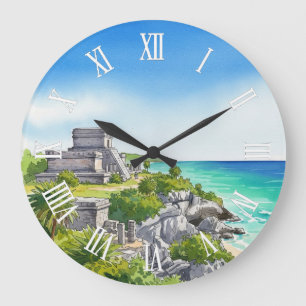 Tulum Mexico Watercolor Large Clock
