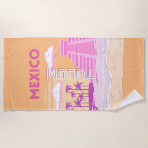 Tulum, Travel Art, Retro Art, Pink, Orange Beach Towel
