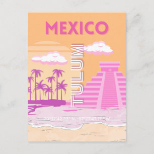 Tulum, Travel Art, Retro Art, Pink, Orange Holiday Postcard