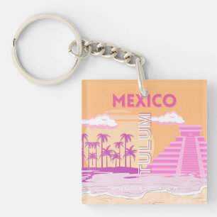Tulum, Travel Art, Retro Art, Pink, Orange Keychain