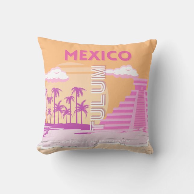 Tulum, Travel Art, Retro Art, Pink, Orange Throw Pillow (Front)