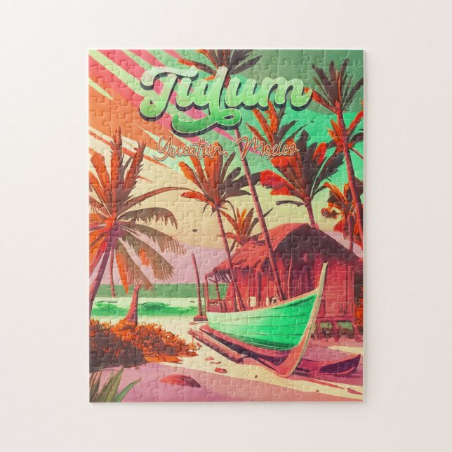 Tulum Yucatán Mexico Beach Watercolor Sunset 1950s Jigsaw Puzzle (Vertical)