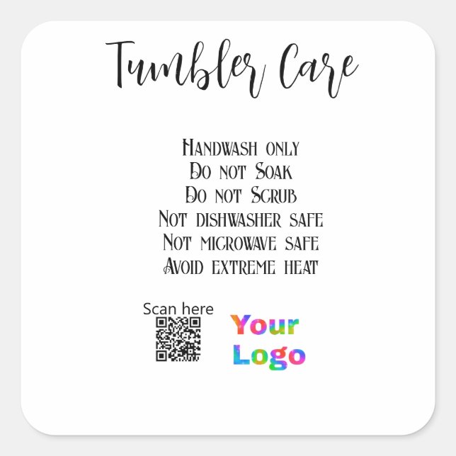 Tumbler care instructions add business name logo square sticker (Front)