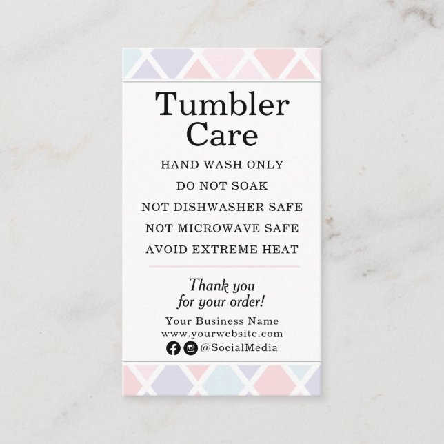 Tumbler Care Instructions Modern Pastel Diamond Business Card (Front)
