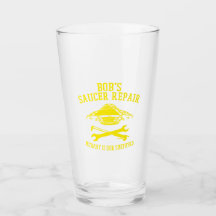 tumbler with yellow Bob's Saucer repair logo